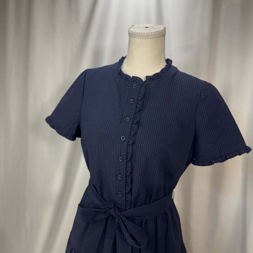 Gal Meets Glam Maisie Navy Blue Seersucker Ruffle Tiered Dress Sz 4 Cottagecore - Picture 15 of 16